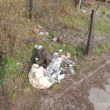Sterta odpadów przy ogrodzeniu z siatki, widoczne plastikowe butelki, papier i inne śmieci na ziemi.